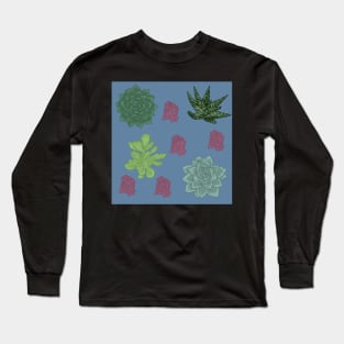 Succulents Pattern Blue Long Sleeve T-Shirt